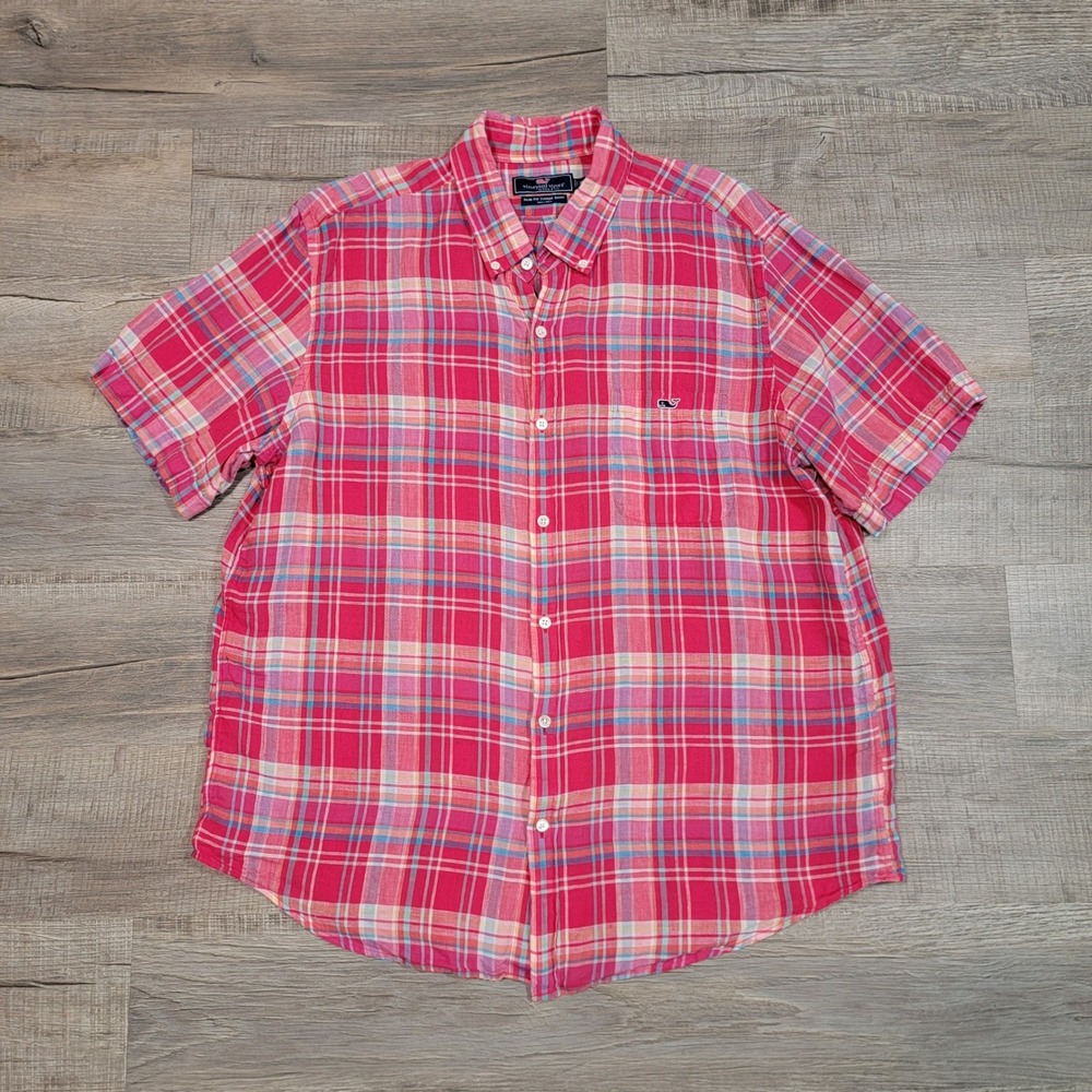Vineyard Vines XL Slim Fit Tucker Shirt Pink Plaid 100% Linen Short Sleeve Plaid